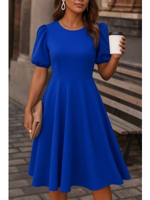 Gökyüzü Moda Kadın Kısa Balon Kollu Bisiklet Yaka Geniş Kesim Janjan Krep Elbise