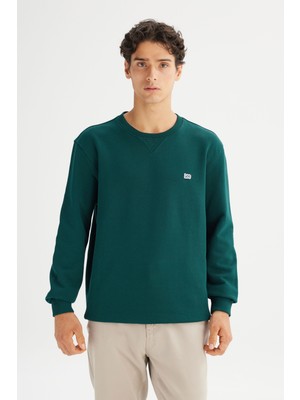 %100 Pamuk Regular Fit Normal Kesim Bisiklet Yaka Koyu Yeşil Sweatshirt