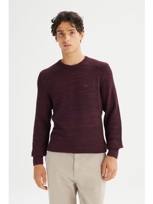 Regular Fit Normal Kesim Bisiklet Yaka Bordo Triko Kazak