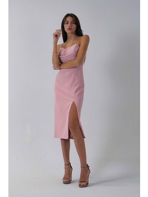 Pudra Ip Askılı Yırtmaç Detaylı Midi Boy Abiye 0801078.79