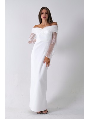 Beyaz Organze Kol Detaylı Kayık Yaka Abiye 0801086.15