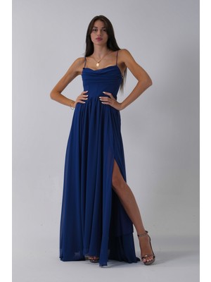 Saks Askılı Drapeli Uzun Şifon Abiye 08020032.26