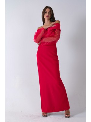 Kırmızı Organze Kol Detaylı Kayık Yaka Abiye 0801086.08