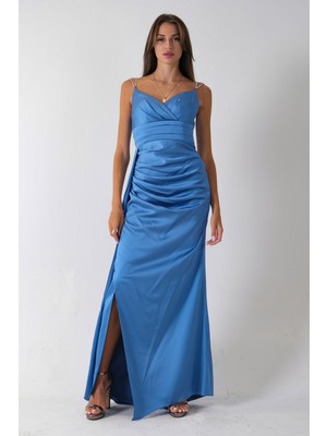 Indigo Gümüş Askı Detaylı Yırtmaçlı Straplez Abiye 0801023.98