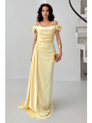 Sarı Drape Detaylı Saten Kumaş Abiye Elbise 9704858.11