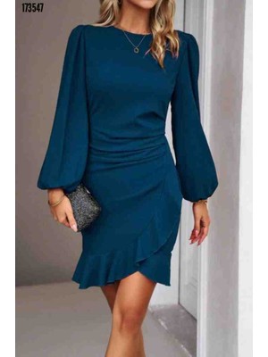 Kadın Uzun Kollu Bisiklet Yaka Önden Volanlı Ithal Krep Elbise, Kırmızı Gül Figürlü Kolye Hediye