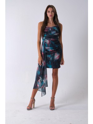 Petrol Midi Boy Desenli Tül Şifon Abiye 0802002.13