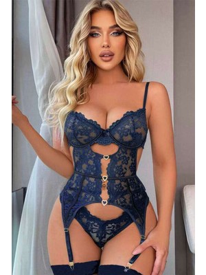 New Dreams Mavi Dantelli Bustiyer Jartiyer TAKIM-8465M