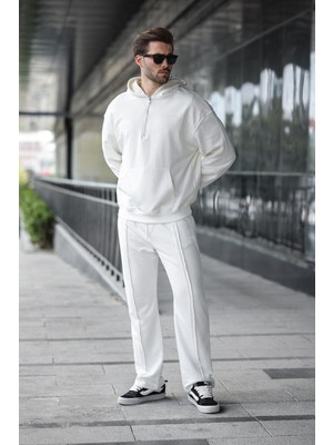 Ekru Yarım Fermuarlı Kapüşonlu Erkek Eşofman Takımı E7332
