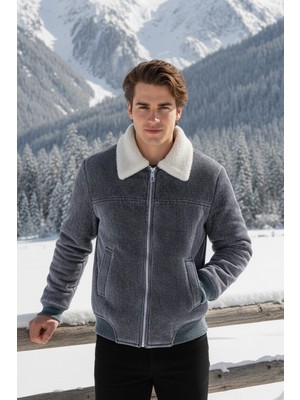 Erkek Klasik Yaka Fermuarlı Gri Kadife Ceket