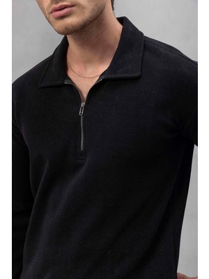 Eric Relax Fit Yarım Fermuarlı Polo Yaka Selanik Kumaş Erkek Sweatshirt - Siyah