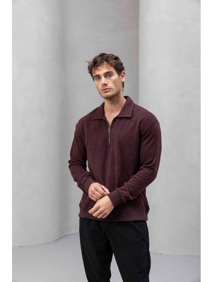 Eric Relax Fit Yarım Fermuarlı Polo Yaka Selanik Kumaş Erkek Sweatshirt - Bordo