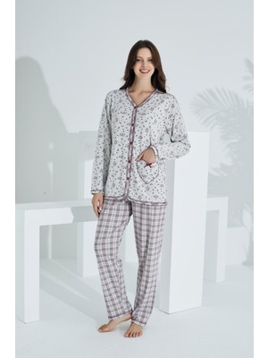 Angelique %100 Pamuk Uzun Kol Boydan Düğmeli  Kadın Pijama Takımı 21520