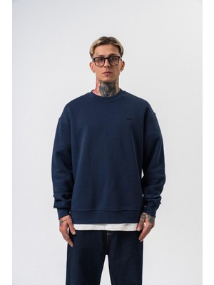 Erkek Respire Yazı Detaylı Basic Oversize Sweatshirt Lacivert