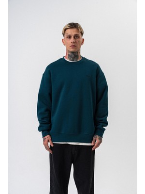 Erkek Respire Yazı Detaylı Basic Oversize Sweatshirt Zümrüt