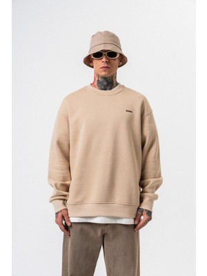 Erkek Respire Yazı Detaylı Basic Oversize Sweatshirt Bej