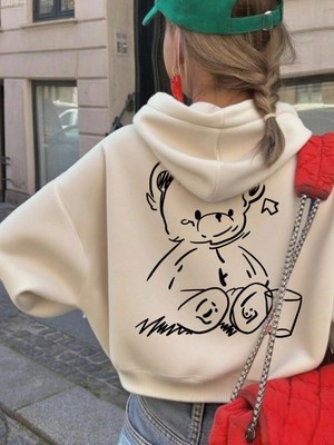 Afri Sevimli Ayıcık Figürlü Ekru Kız Çocuk Sweatshirt Kısa Kol Oversize Rahat Kalıp