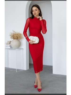 Kadın Uzun Kol Tül Drapeli Midi Boy Elbise