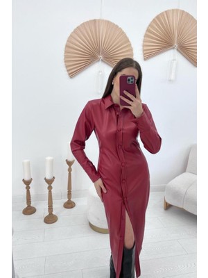 Kırmızı Boydan Düğmeli Deri Elbise