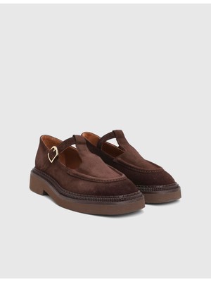 İLVİ Charlie Kadın Loafer Kahverengi Hakiki Süet Deri Kısa Topuk Hafif EVA Taban ile Rahat