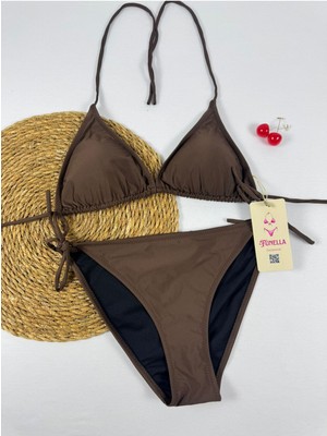 Kahve Rengi Yandan ve Boyundan Bağlamalı Ayarlanabilir Yeni Sezon Şık Üçgen Bikini Takımı