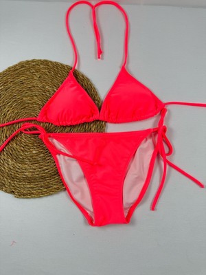 Fosforlu Pembe Yandan ve Boyundan Bağlamalı Ayarlanabilir Üçgen Şık Kadın Bikini Takımı