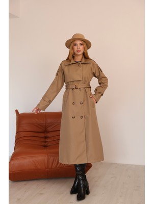 Kadın Uzun Kemerli Trençkot - Bej & Siyah Renk Seçenekli Şık Dış Giyim