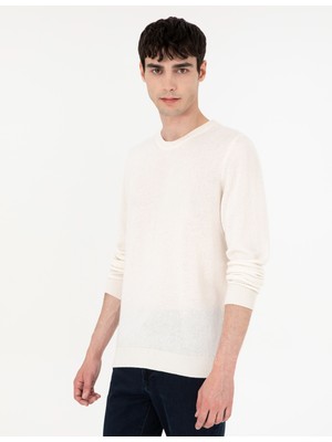 Pierre Cardin Erkek Ekru Slim Fit Bisiklet Yaka Kaşmir Triko Kazak 50303471-VR019