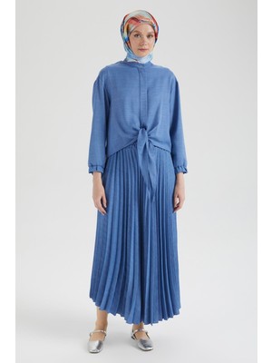 Armine Trend Pileli Etekli Kolları Lastikli Belden Kurdele Detaylı Etekli İkili Takım-Mavi 25YT656