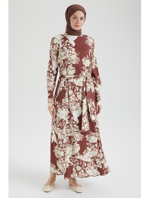 Armine Trend Arkadan Fermuarlı Kolları Düğmeli Elbise-Bordo 25YT923