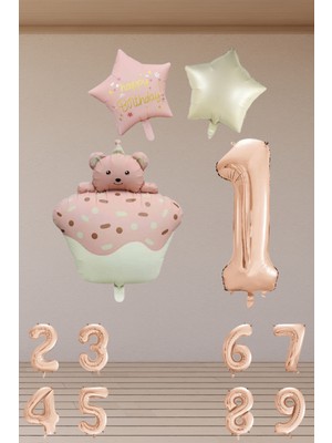 5 Yaş Retro Folyo Pembe Kek Pembe Krem Yıldız Folyo Balon Rose Gold Rakam Doğum Günü Süsleme