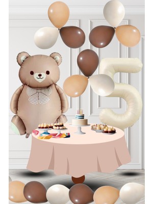 5 Yaş Retro Folyo Karamel Ayıcık Kahverengi Ten Kum Beji Balon Krem Rakam Doğum Günü Süsleme