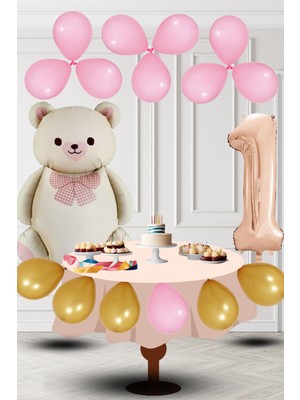 1 Yaş Retro Folyo Krem Ayıcık Pembe Gold Balon Rose Gold Rakam Doğum Günü Süsleme