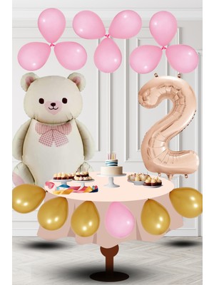 2 Yaş Retro Folyo Krem Ayıcık Pembe Gold Balon Rose Gold Rakam Doğum Günü Süsleme