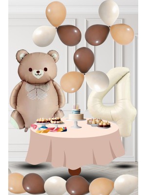 4 Yaş Retro Folyo Karamel Ayıcık Kahverengi Ten Kum Beji Balon Krem Rakam Doğum Günü Süsleme