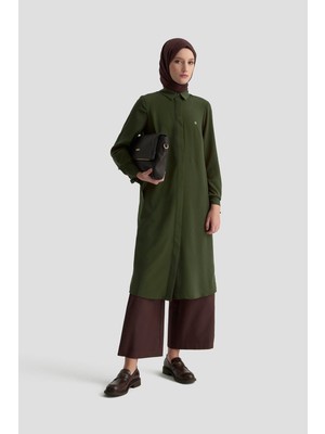 Armine Trend Gizli Düğmeli Kol Detaylı Gömlek Yakalı Tunik Haki 25YT4158