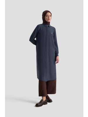 Armine Trend Gizli Düğmeli Kol Detaylı Gömlek Yakalı Tunik İndigo 25YT4158