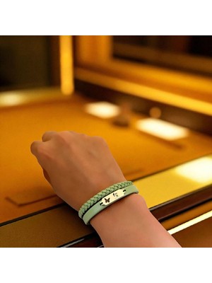 Altın Plakalı 14 Ayar Atatürk Temalı Doğal Yeşil Derili Kelebek Figürlü Hediye BILEKLIK-660SEMBOL