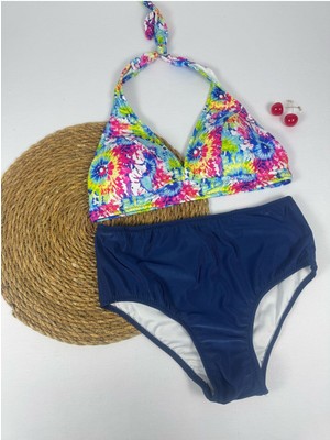 Batik Desenli Yüksel Bel Boyun Bağlamalı Şık Bikini Takımı