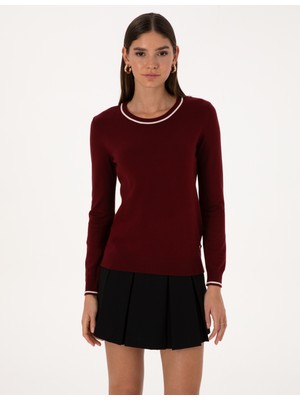 Pierre Cardin Kadın Vişne Slim Fit Çizgi Detaylı Basic Kazak 50315910-VR223