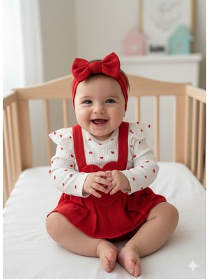 %100 Pamuk Kız Bebek Kalpli Tulum Seti Elbise – Bandana – Kırmızı