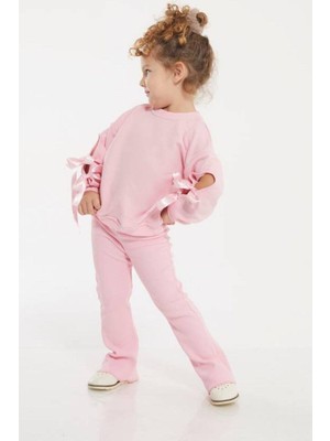 Kız Çocuk Kol Fiyonk Kurdale Detaylı Pamuklu Taytlı 2'li Takım