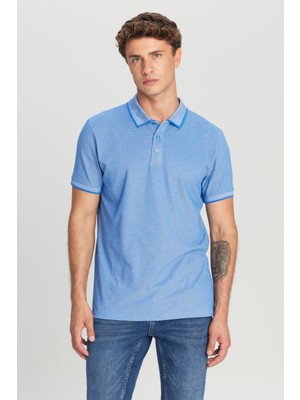 Altınyıldız Classics Erkek Çekmeyen Pamuklu Kumaş Slim Fit Dar Kesim Saks-Beyaz Kıvrılmaz Polo Yaka Tişört