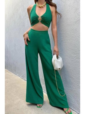 Kadın Pera Keten Kumaş Halka Detaylı Sırt Metal Fermuarlı Bel Gizli Fermuarlı Büstiyer Pantolon Takım