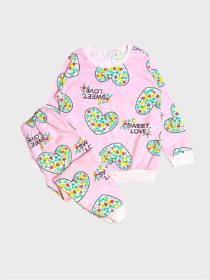 Kız Çocuk Pamuklu Pembe Kalp Desenli Uzun Kollu Mevsimlik Pijama Takımı