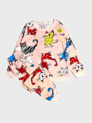 Kız Çocuk Pamuklu Yavruağzı Renk Kedi Desenli Uzun Kollu Mevsimlik Pijama Takımı