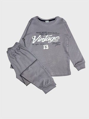 Erkek Çocuk Pamuklu Gri Renk Vintage Yazı Desenli Uzun Kollu Pijama Takımı