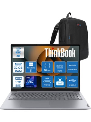 Lenovo Thinkbook 16 Gen 8 Ial Intel Core Ultra 7 255H 32GB Ddr5 1tb SSD Windows 11 Pro Intel Arc 140T 16 Inç Wuxga (1920 x 1200) IPS 300NITS Taşınabilir Bilgisayar 21SK007UTXP17 + Zetta Çanta
