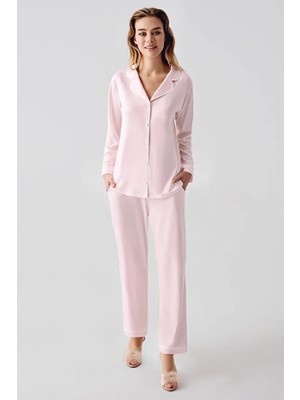 Perin Biyeli Yakalı Uzun Kol Önden Düğmeli Kadın Pijama Takım 1035