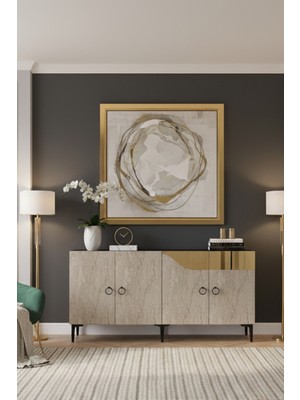 KA1514BTG- Gama Pleksi Desenli  Konsol , Tv Sehpası , Çok Amaçlı Dolap 150CM Beyaz-Traverten-Altın